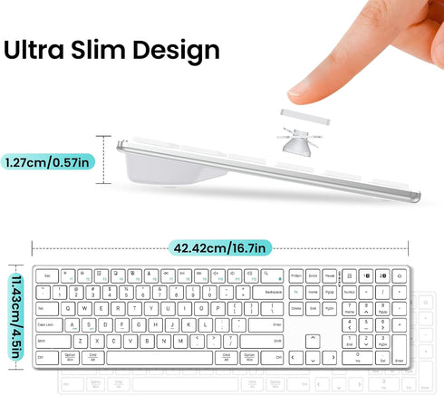 TIETI 2.4G Wireless Bluetooth Keyboard Rechargeable, Stainless Steel Ultra Slim Full Size Keyboard with Numeric Keypad