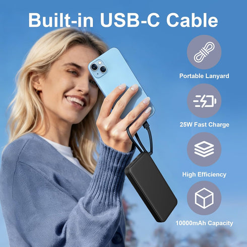 JUOVI 25w 10000mAh Pack 17/16/15 Portable Charger Power Bank with Built-in USB C Cable, Battery Charger Portable LED