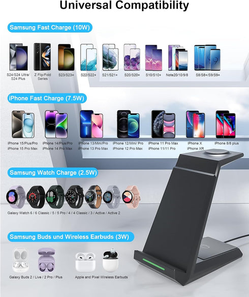 ADADPU 3 in 1 Wireless Charger for Samsung, Fast Charging Station Dock for Galaxy S24 Ultra S23 S22 S21, Galaxy Watch
