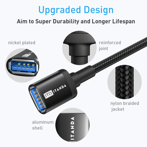 ITD ITANDA 10FT USB 3.0 Extension Cable, Type A Male to Female, 5Gbps for Keyboard, Mouse, Xbox, Printer, Camera (Black)