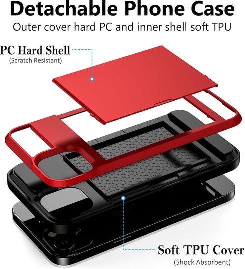 Vofolen for iPhone 14 Case Wallet Credit Card Holder ID Slot Sliding Door Hidden Pocket Men Women Anti-Scratch Dual Layer Hybrid Bumper Armor Protective Shell Back Cover for iPhone 14 6.1 inch Red