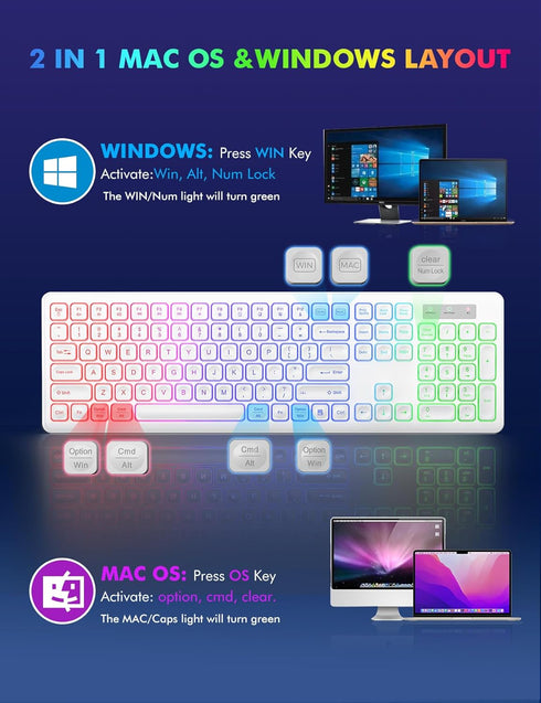 Wireless Keyboard and Mouse - RGB Backlit, Rechargeable & Light Up Letters, Full-Size, Ergonomic Tilt Angle, White