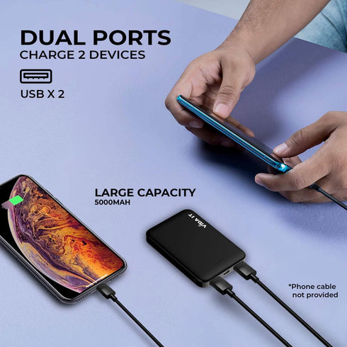 Mini Power Bank 5000mAh by Vida IT - Small Portable Charger for Heated Vest, iPhone, Samsung, Dual USB Output