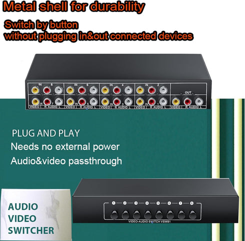 RCA Switch 8 in 1 Out Composite Video L/R Audio Selector Box, BolAAzuL 8-Way RCA Switcher - 8 Port AV Selector Switch