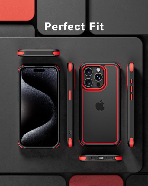 iPhone 15 Pro Case Compatible, Black/Red with Multicolor Shockproof Bumpers, Crystal Clear Back & Soft Silicone TPU