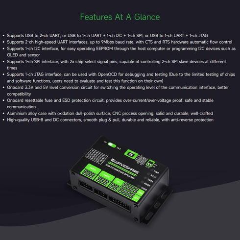 Waveshare USB to UART/I2C/SPI/JTAG Converter, Multiple Interfaces, 3.3V and 5V Compatible, Protection Circuits