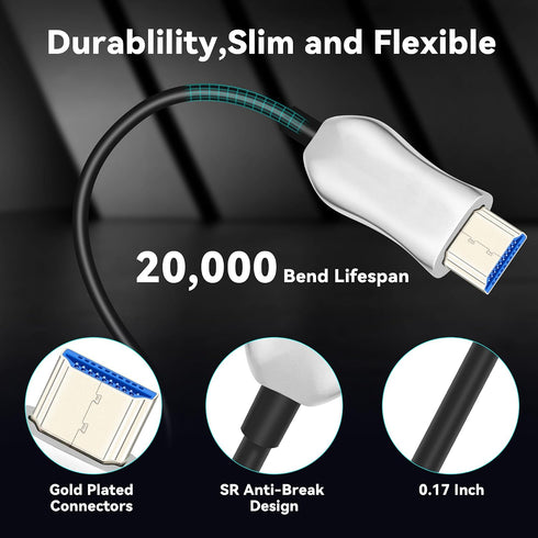 8K 2.1 25ft, 48Gbps, 8K@60Hz 4K@120Hz, 2.2&2.3, 3D, PS4/PS5 Fiber Optic HDMI Cable Active HDMI Cable Slim, High Speed