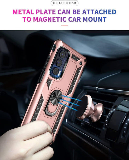 Moto Edge 2021 Case with Screen Protector, Military Grade 16ft Drop Tested Cover with Magnetic Kickstand, Rose Gold