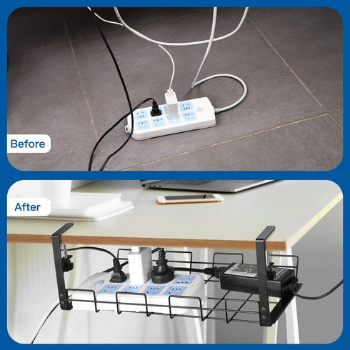 No Drill Cable Management Tray Under Desk, 2 Pack 15.7" Clamp to Desk, Sturdy Metal Rack for Home Office