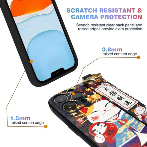 Compatible with iPhone 12 Pro Case | Cute Japanese Lucky Cat Design, Glitter Luxury Soft Silicone with Phone Lanyard