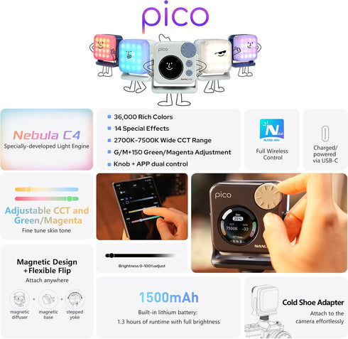 NANLITE Pico Portable LED Fill Light Full Color RGB, Snap-On Attachment for Phone/Camera Photography, Live Streaming