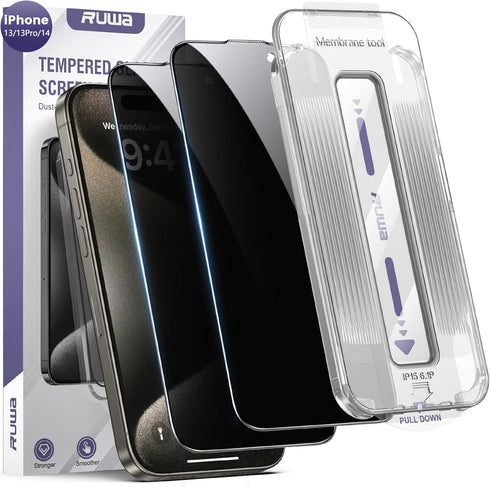 ruwa iPhone 13/13Pro/14 Screen Protector, 2-Pack Privacy Tempered Glass Film with Auto Dust-Elimination Kit