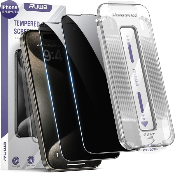 ruwa iPhone 13/13Pro/14 Screen Protector, 2-Pack Privacy Tempered Glass Film with Auto Dust-Elimination Kit