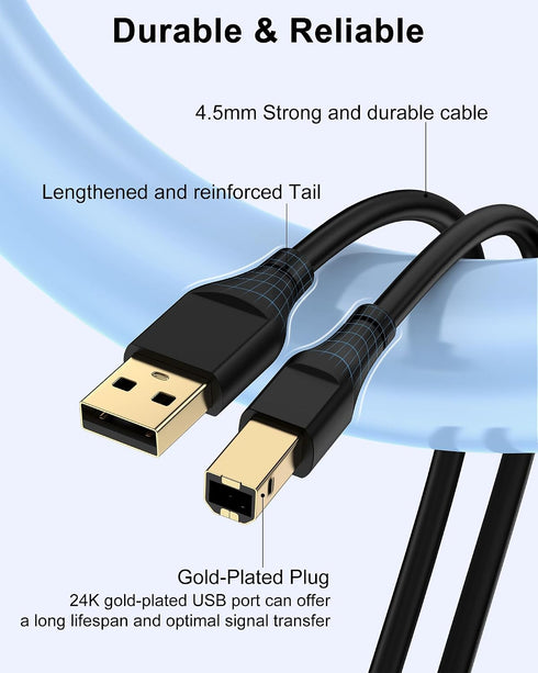 6ft, 2.0 6 HP Printer Cable Square USB A to USB B Cable for Printer/Scanner Epson, HP, Canon, Brother, Ethernet Print