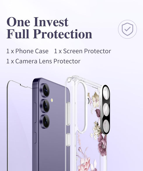 GVIEWIN Clear Floral Case for Samsung Galaxy S24 Plus 6.7" with Screen & Camera Lens Protectors (Cherry Blossoms/Purple)