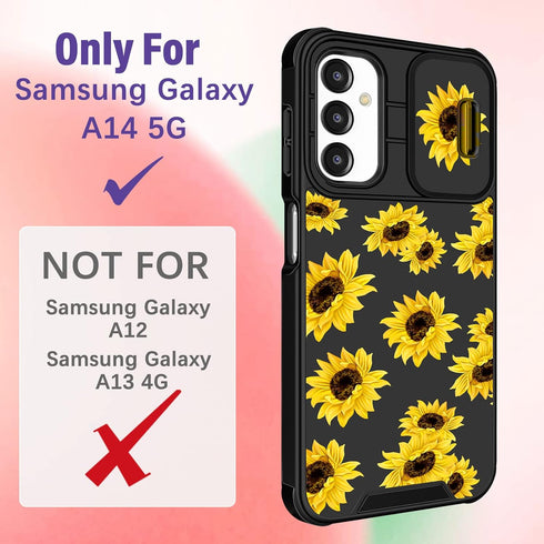 (2in1 for Samsung A14 5G Case for Women Cute Girls Cover Sunflower Girly Kawaii Aesthetic Cool Teens Black Design with Camera Cover and Ring Stand for Samsung Galaxy A14 5G Case