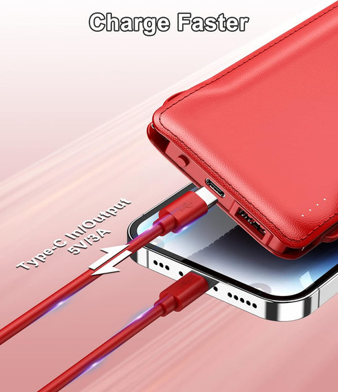 TG90° Portable Charger 10000mAh Cell Phone Battery Backup, Ultra Slim Power Bank with Built-in Cables for iPhone16/15