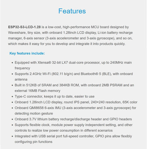 waveshare ESP32-S3 MCU Board with 1.28inch IPS Round LCD Display, Supports 2.4GHz Wi-Fi and Bluetooth 5, 32-bit