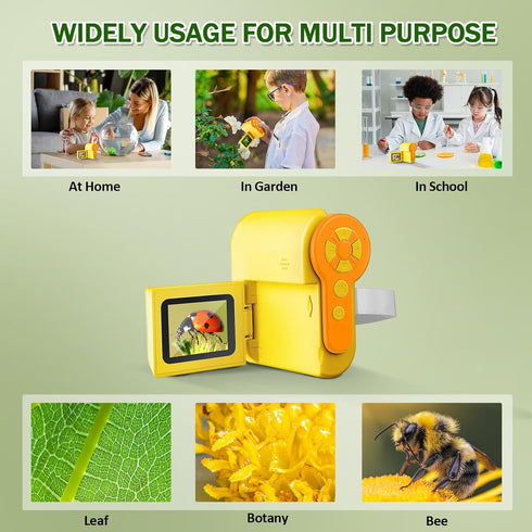 Kids Microscope, 1000X Pocket Handheld with 6 Adjustable LED Lights, 2'' LCD Screen, USB to PC, Yellow