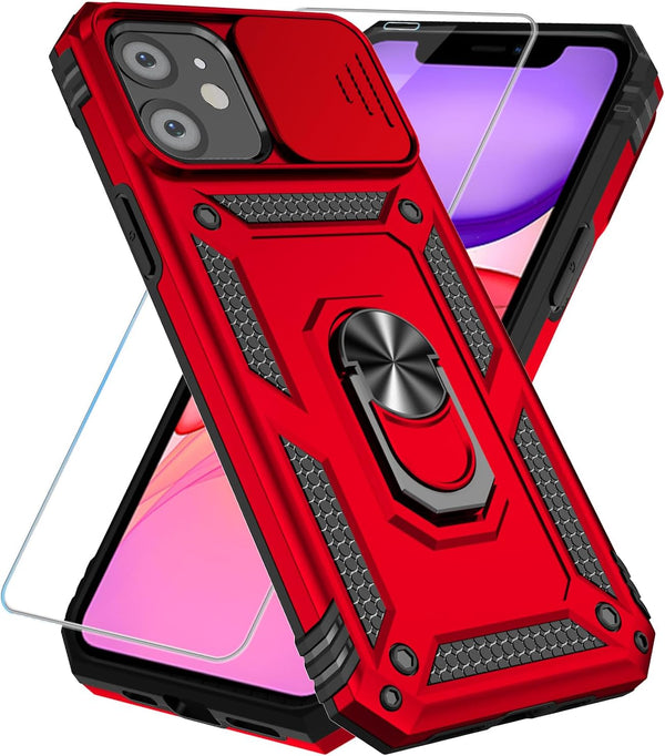 SunStory iPhone 11 Case, Red with HD Screen Protector, Slide Camera Cover & Rotated Ring Kickstand, Military-Grade