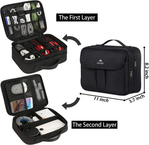 MATEIN Electronics Organizer, Waterproof Travel Electronic Accessories Case Portable Double Layer Cable Storage Bag for Cord, Charger, Power Bank, Flash Drive, Phone, Ipad Mini, SD Card, Tablet, Black
