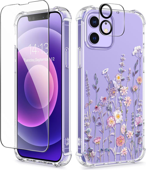 GVIEWIN iPhone 12/12 Pro Case, Clear TPU Shockproof Cover with Screen & Camera Lens Protectors, Floral Pattern 6.1"