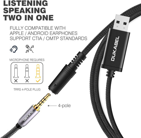 DUKABEL USB to 3.5mm Jack Audio Adapter, USB to Aux Cable with TRRS 4-Pole Mic-Supported