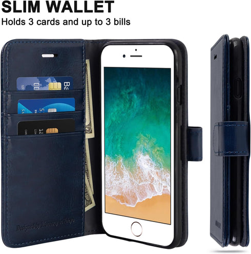 MONASAY Flip Folio Leather Wallet Case for iPhone SE 2022/2020 5G, iPhone 7/8, 4.7-inch, Blue with [Glass Screen