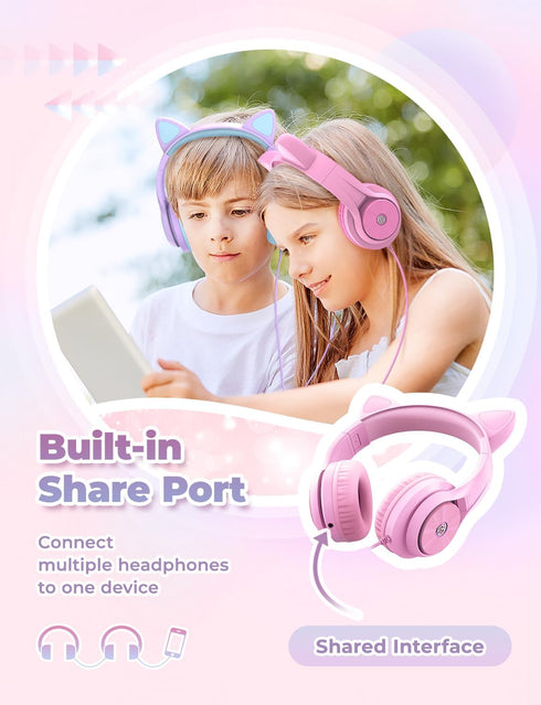 iClever Meow Donut-Pink Kids Headphones, Foldable Over-Ear, Safe Volume Limit, LED Cat Ears, Ideal for School/Travel.