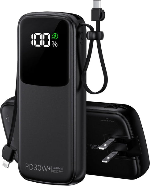 UYAYOHU Portable Charger 15000mAh, Fast Charging Battery Pack with Built-in AC Wall Plug and 2 Output Cables, LED