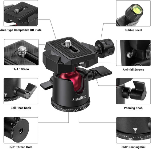 SmallRig Mini Ball Head, Tripod Head Camera 360° Panoramic with 1/4" Screw, 3/8" Thread Mount, Max Load 4.4lbs