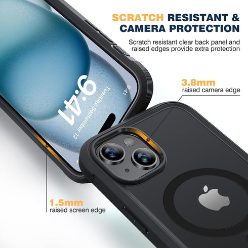 Diaclara iPhone 15 Case (6.1") - Frosted Black, MagSafe Compatible, Anti-Scratch Screen & Camera Lens Protector.