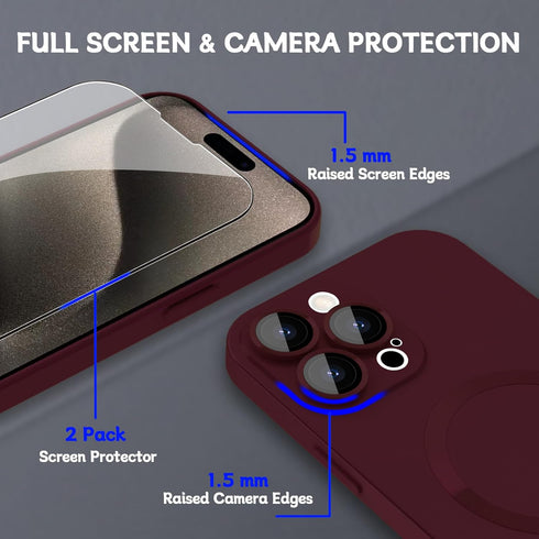 iPhone 15 Pro Max Magnetic Case for Women - Wine Red, Matte Soft Metallic, MagSafe Compatible, with Lens & 2 Screen