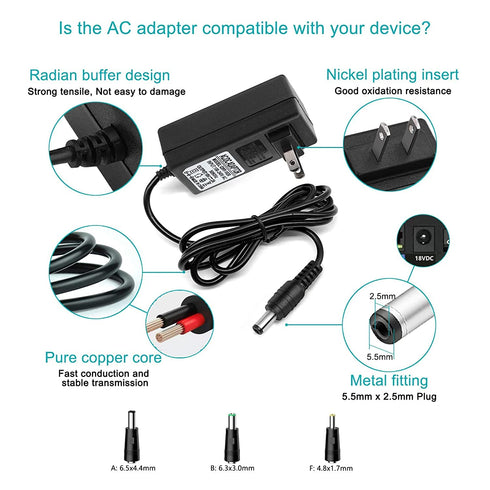 Massage Gun AC DC Power Adapter 18V 2A 1.5A 1A 0.5A Compatible with Naipo, Sharper Image, Hyperice Hypervolt GO Model 55000 001-00 and More 18V Massage Gun Power Supply Charger Charging Cable Cord