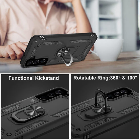 IKAZZ Galaxy S22 Case, Military Grade Shockproof Heavy Duty Protective Phone Case with Magnetic Kickstand - Black