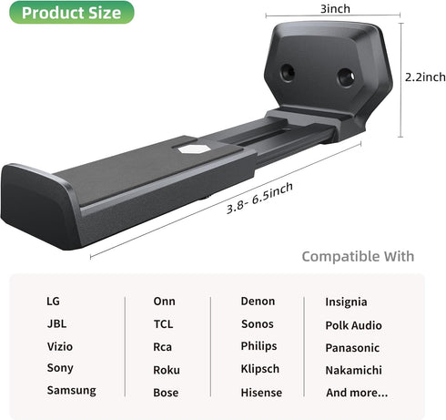 ELETIUO 3.8-6.5 inch,Universal 50 lbs,Black Soundbar Wall Mount Bracket,Depth Adjustable Sound Bar Mount Under TV