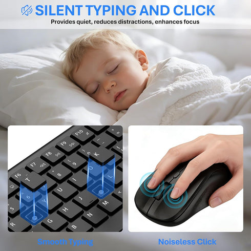 EAYBLLY 2.4G Set Wireless Keyboard and Mouse Combo, Full-Size Silent Ergonomic Keyboard and Mouse, Sleep Mode, Long