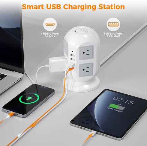 Tower Surge Protector Power Strip, 15 ft Long Flat Extension Cord with 8 AC Outlets and 4 USB Ports