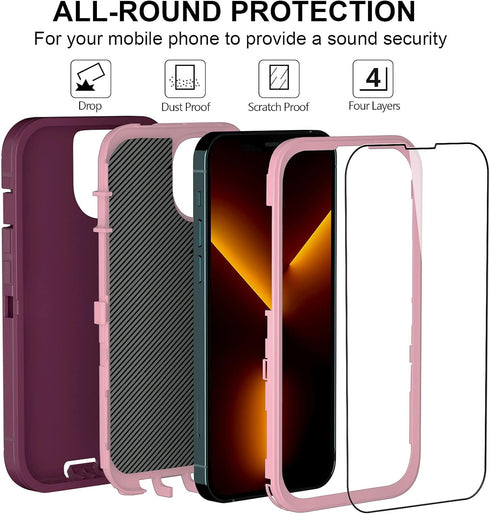 Full Body Heavy Duty Military Grade Case for iPhone 13 Pro Max 6.7" with 2 Screen Protectors, Wine Red Pink