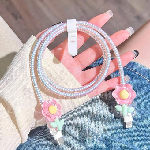 Kawaii Flower Cable Protector Cover for iPhone Charger Lightning, 3D Floral Cartoon Design, Pink for iPhone X 12 13 14