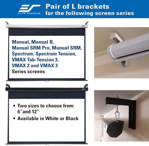6" ZVMAXLB6-W Elite Screens White Projector Screen L-Brackets, Single Metal Welded Construction, Wall or Ceiling Mount
