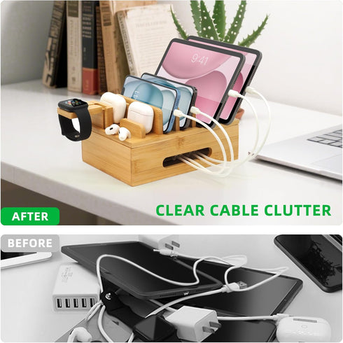 LEOKKARR Bamboo Charging Station with Watch Stand, Desktop Charging Station Organizer, Wood Docking Station for Phones