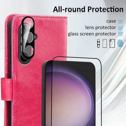 MONASAY Hot-Pink Wallet Case for Samsung Galaxy S24 5G, 6.2", RFID Blocking, with Lens & Glass Screen Protector, Credit