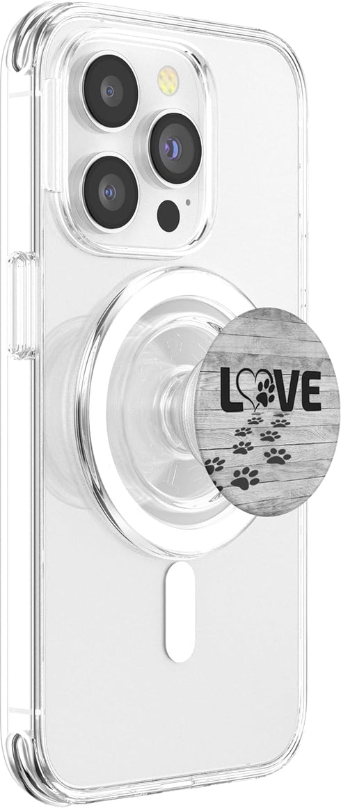 PopSockets PopGrip Black Pattern Dog Paw Print Tracks Heart Love on Gray for MagSafe