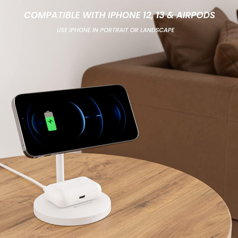 Techsmarter 2-in-1 Magnetic Wireless Charging Stand with 20W USB-C Wall Charger & 5ft USB-C Cable for iPhone 12/13/14