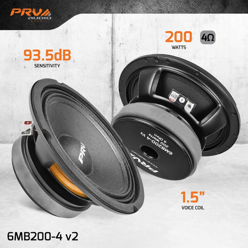 PRV AUDIO 6 Inch Midbass Speaker 6MB200-4 v2 4 Ohms - 200 Watts 93.5 dB 1.5" Voice Coil - Outstanding Vocals and Punch for Small Custom Enclosures - Pro Audio, Car Audio System (Single)