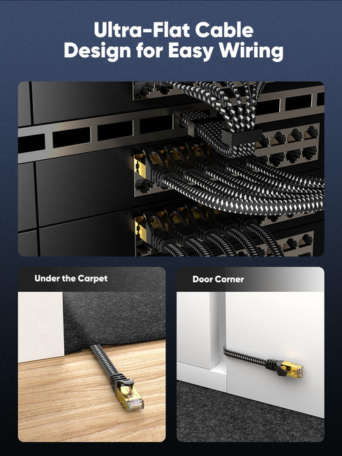 8 60 40Gbps 2000Mhz RJ45 PS4/5, Cat Ethernet Cable FT Flat, High Speed Braided Internet Cable with Gold Plated Network