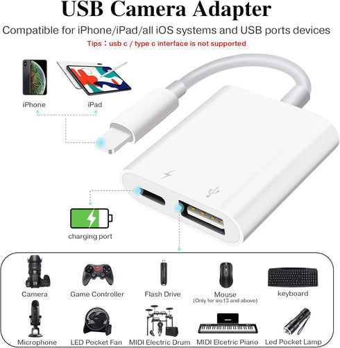 SUNTRSI USB Camera Adapter with Charging Port,Portable USB Female OTG Adapter suitable for iPhone iPad, iPad to USB Adapter Plug and Play Support Card Reader by SUNTRSI
