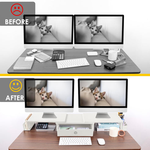 Dual Monitor Stand Riser with Drawer & Metal Leg, Large White Computer Monitor Riser with Storage for 2 Monitors