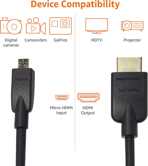 18Gbps 4K@60Hz, 2160p, 48-Bit 6 Amazon Basics Micro HDMI to HDMI Cable, High-Speed, Color, Ethernet Ready, Foot, Black